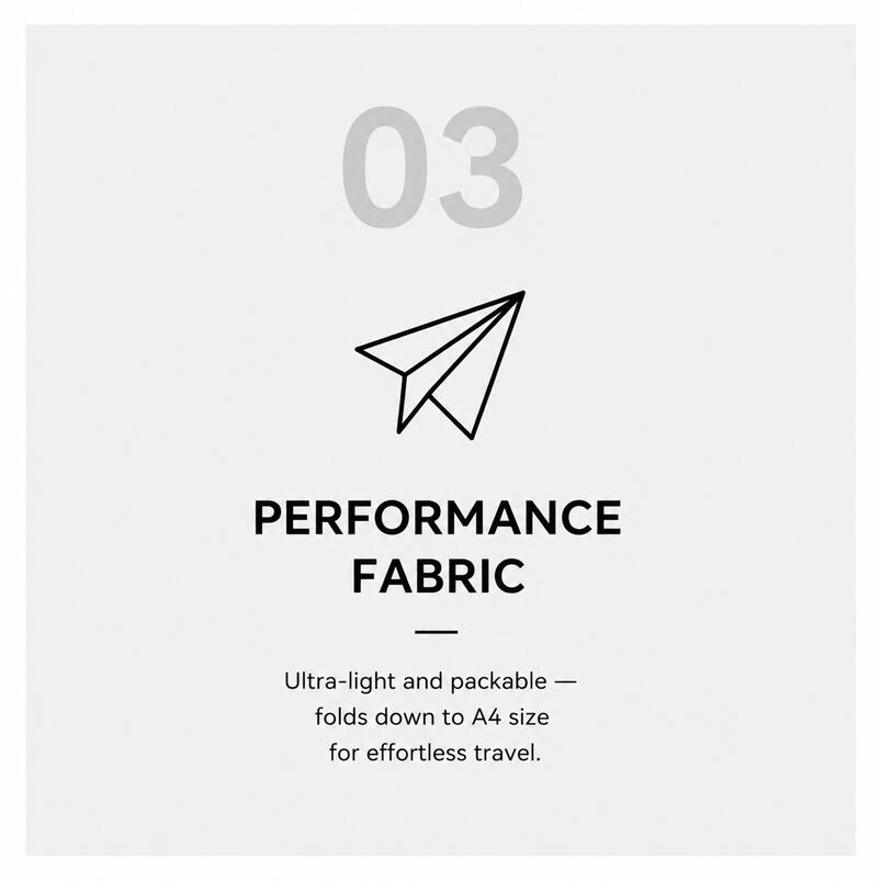 Untitled Lightweight performance fabric that folds into A4 size for easy travel